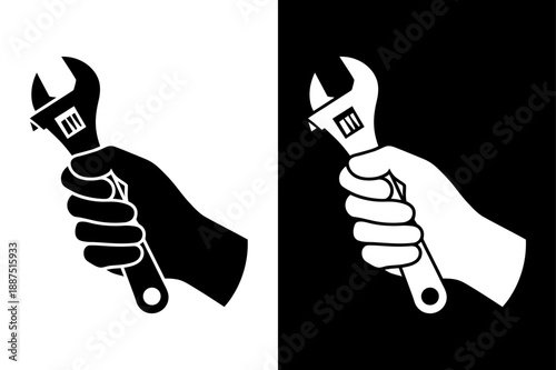 Spanner in Hand Icon Design. Modern Flat Black White Tool Vector Illustration for Web and App Use