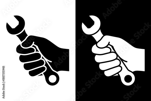 Spanner in Hand Icon Silhouette. Trendy Flat Black and White Vector for App, UI, and Web Design