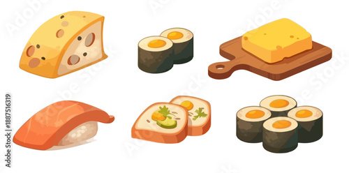 Coleção de ícones de comida japonesa e queijo em fundo transparente, ideal para design gráfico.