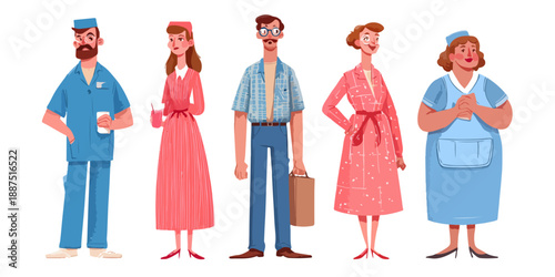 Grupo diversificado de pessoas em trajes profissionais e casuais, com foco em profissões da área da saúde e serviços.
