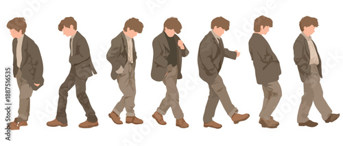 Sequência de um homem jovem andando em um fundo transparente, exibindo diferentes etapas do movimento.