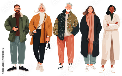 Grupo diverso de pessoas vestindo roupas de inverno estilosas, apresentando moda e individualidade em um fundo transparente.