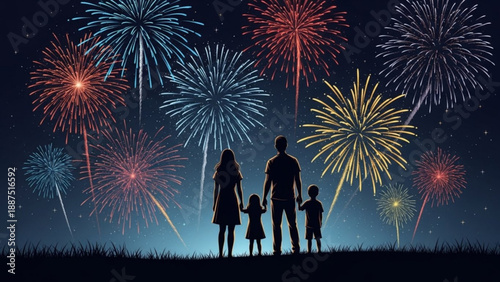 Family silhouette watching colorful fireworks display celebrating a festive night perfect for holiday events and New Years Ev