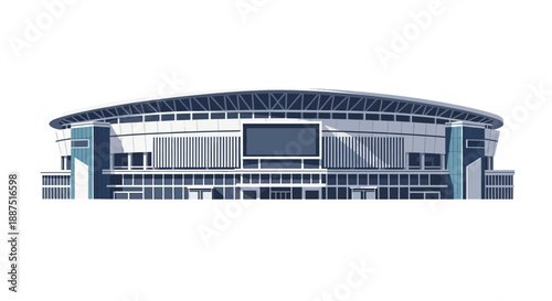 Modern isometric stadium building illustration representing large-scale sports infrastructure, public venues, and urban architecture. This detailed graphic shows a contemporary arena with structured 
