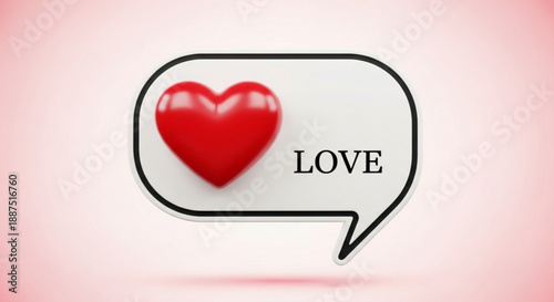 Red heart symbol and 'love' text in speech bubble on soft pink gradient background representing affection and romance