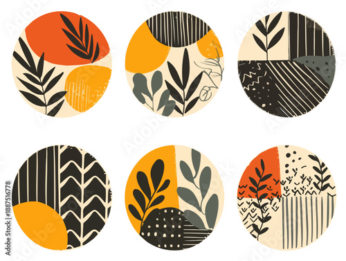Conjunto de seis ícones redondos abstratos com elementos botânicos e formas geométricas em tons terrosos.