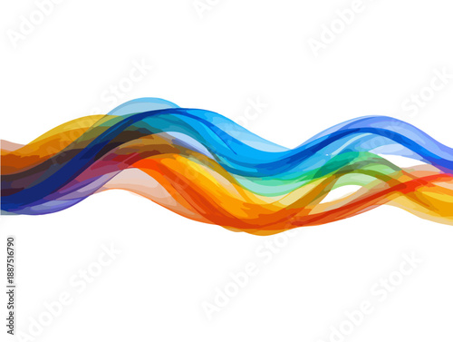 Onda de tecido colorido e transparente em movimento sobre fundo branco, arte abstrata