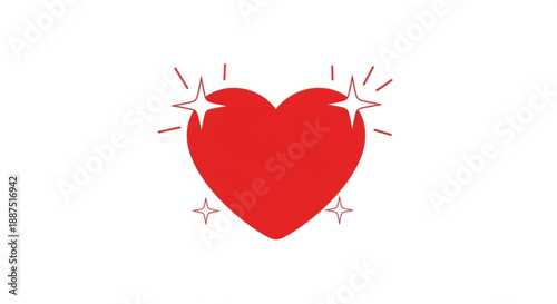 A bright red heart symbol with sparkling starbursts on a white background conveying love and excitement in a graphic design element