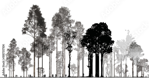 Silhueta de floresta densa com árvores de diferentes alturas e espécies, em fundo transparente