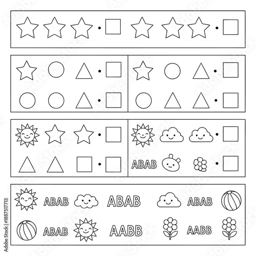 Educational Worksheet with Shapes and Patterns for Learning and Development Featuring Stars, Circles, Triangles, and Smiley Faces