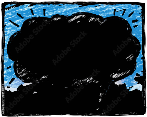 Nube negra de pensamiento o idea en un bocadillo de diálogo dibujado a mano con trazos de lápiz sobre fondo azul.