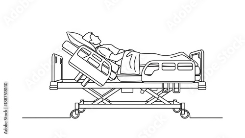 High-Quality Continuous Line Art of Adjustable Hospital Bed in Use, Modern Patient Care Equipment