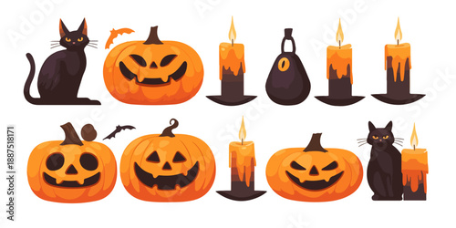 Ilustração de Halloween com abóboras assustadoras, gatos pretos e velas acesas em fundo transparente.