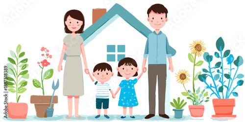 Familia feliz con plantas y casa, concepto de vida hogareña y bienestar, ilustración transparente.