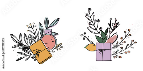 Composições botânicas com presentes e frascos de perfume em estilo de desenho à mão, com fundo transparente.