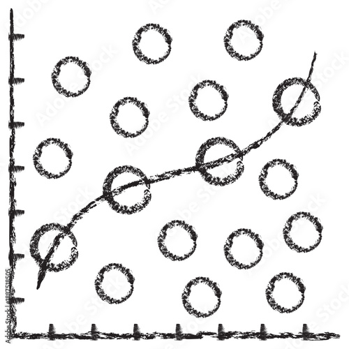 Vector icon of polynomial regression with a curved trend line through data points. Dark brown charcoal sketch on transparent background. Hand-drawn concept for non-linear AI modeling