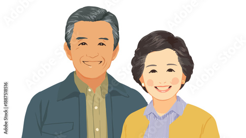 Pareja de ancianos asiáticos sonriendo y mirando hacia adelante, aislados en fondo blanco transparente.