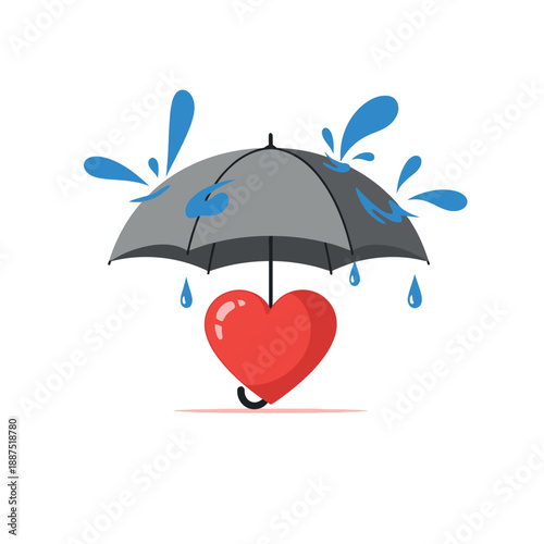 A heartwarming symbol of protection and love, a vibrant red heart shielded from rainstorm by a gray umbrella, evoking feelings of safety and security.