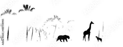 Silhuetas de animais selvagens, girafa, urso e pássaro, em um cenário de savana com vegetação.