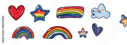 Conjunto de ícones desenhados à mão: corações, estrelas e arco-íris em fundo transparente