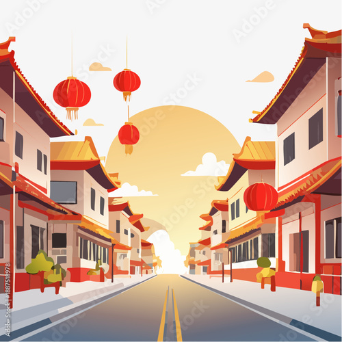 Chinese Street with Lanterns and Buildings.