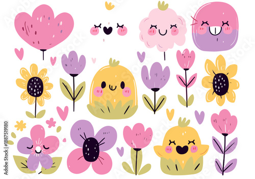 Conjunto de flores e pintinhos fofos com rostos sorridentes, ilustração vetorial desenhada à mão, estilo kawaii.
