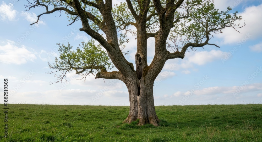 Fototapeta premium Majestic tree with a hollow trunk stands in a grassy field under a partly cloudy sky