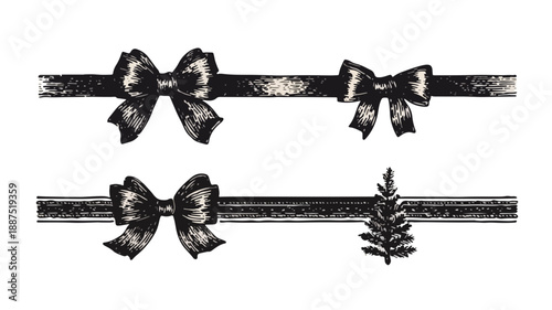 Conjunto de tres cintas decorativas con lazos y un árbol de Navidad, en estilo vintage y fondo transparente.