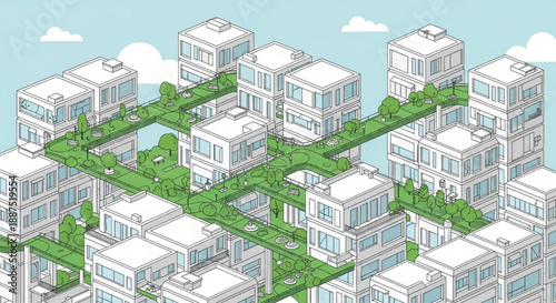 Eco-friendly isometric city with green rooftops.