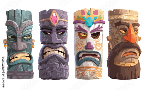 Cuatro tótems tribales de madera con expresiones faciales únicas y detalladas, aislados sobre fondo transparente.
