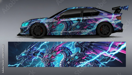 Sports car with a vibrant blue and purple dragon and lightning graphic wrap, showcasing the detailed design applied to the vehicle's side.