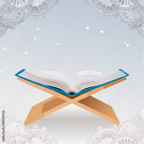 Open Quran on wooden stand.
