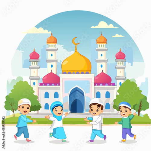Children Walking Towards Mosque Building.