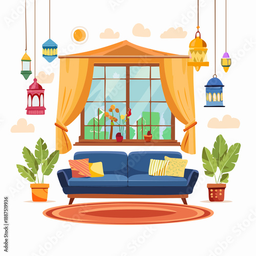Blue Sofa with Hanging Lanterns and Plants.