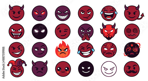 A collection of various cartoonish red and purple emojis displaying different emotions.