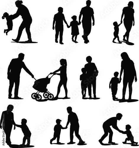 Family parenting silhouettes showing parents and children bonding through care, love, childcare, and everyday activities in modern family life
