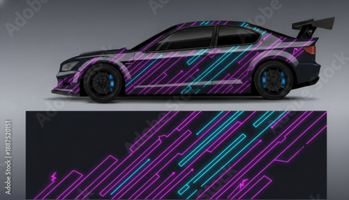 Black sports car with a vibrant neon purple and cyan digital circuit pattern wrap design, showcased with the full graphic below.