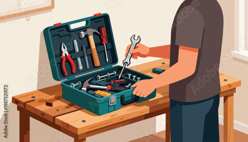 Person's hands organizing tools in a toolbox on a wooden workbench