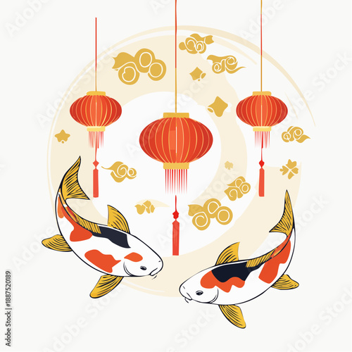 Koi Fish with Lanterns and Gold Coins.