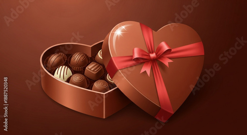 Open heart shaped box of assorted chocolates with red ribbon on brown background for valentine's day or romantic gift