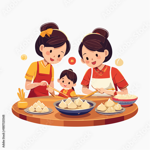 Mother Daughter Child Cooking Dumplings Together.