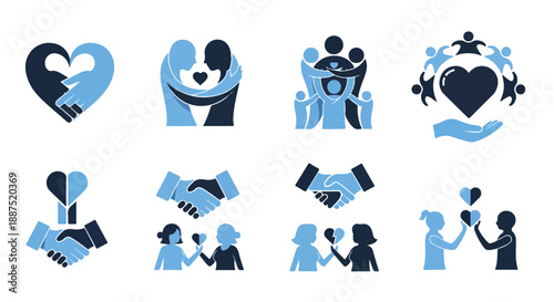 Blue and Dark Blue Vector Icons of People Connecting and Handshakes