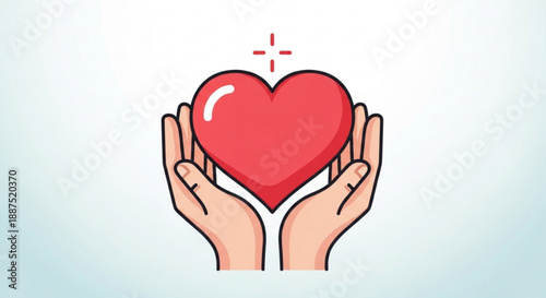 Hands cradling a glowing red heart with a medical cross symbol on a soft blue background representing care and health
