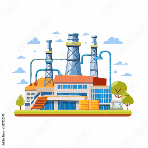 Industrial Factory with Chimneys and Pipes.