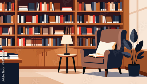 Cozy reading nook with abundant bookshelves, armchair, lamp, and plant