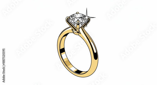 Golden diamond solitaire engagement ring with large round cut gemstone on white background