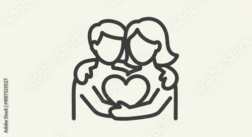 Couple embracing with heart symbol minimalist line art illustration love and affection concept simple background black outline