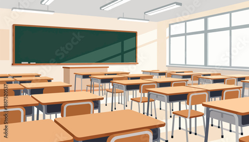 Empty classroom with rows of wooden desks, a large blackboard, and windows
