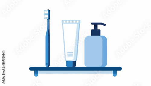 Blue toothbrush, toothpaste, and dispenser on a shelf