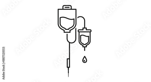 Medical iv drip with two bags and a single drop of liquid falling